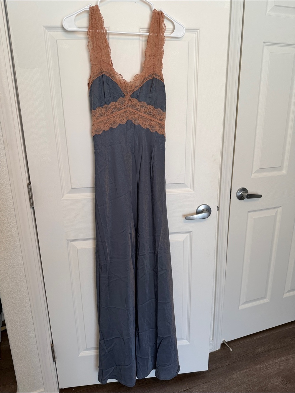 mahina Slate Blue Maxi Dress with Tan Lace